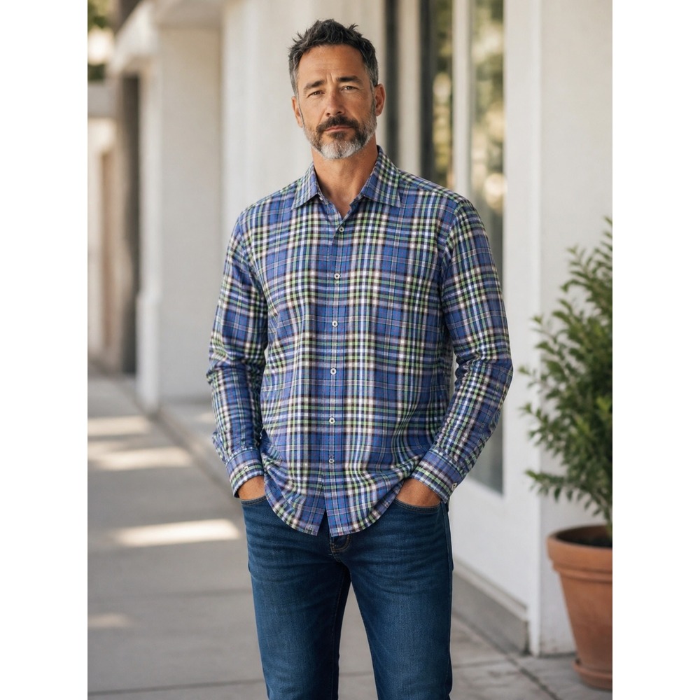 Peter Millar Mens Blue Green Plaid Cotton Button Down Shirt MF12D03 Medium